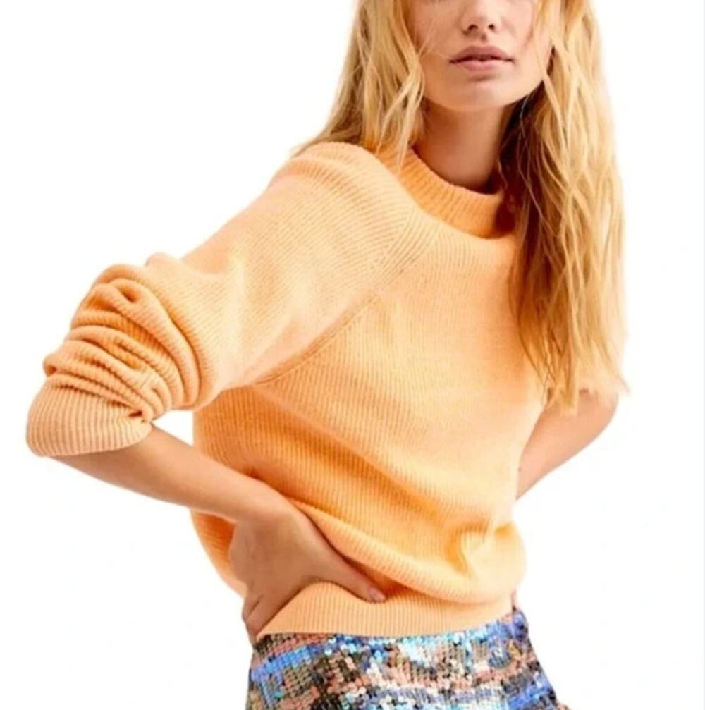 Free People Too Good Ribbed Trim Pullover Sweater in Orange Zest